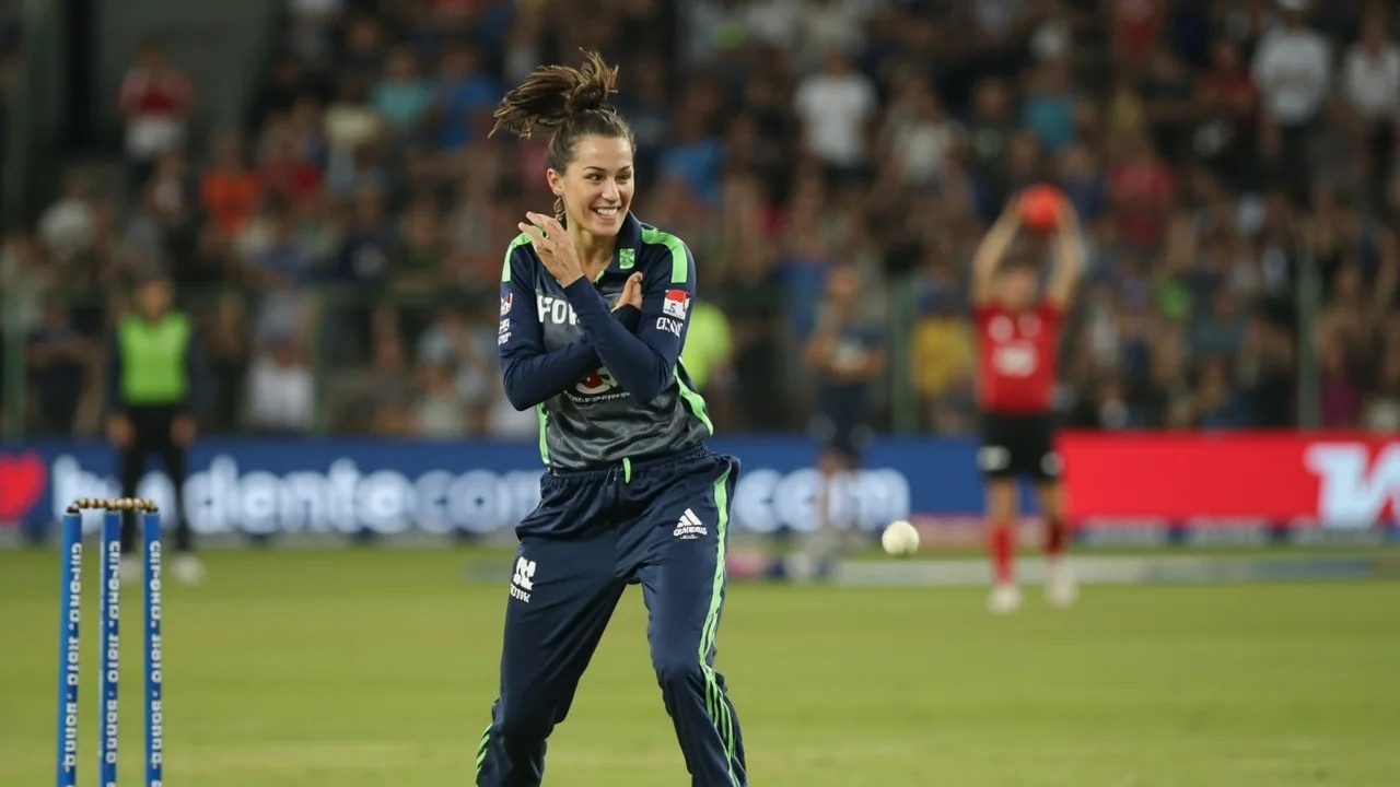 Tight sideline action frame of a women’s T20 batter driving through the covers during a knockout fixture under floodlights