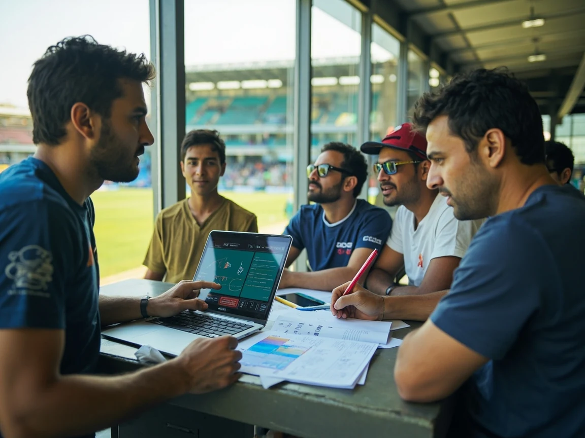 Cricket franchise analysts reviewing a player movement list for an IPL 2026 transfer tracker