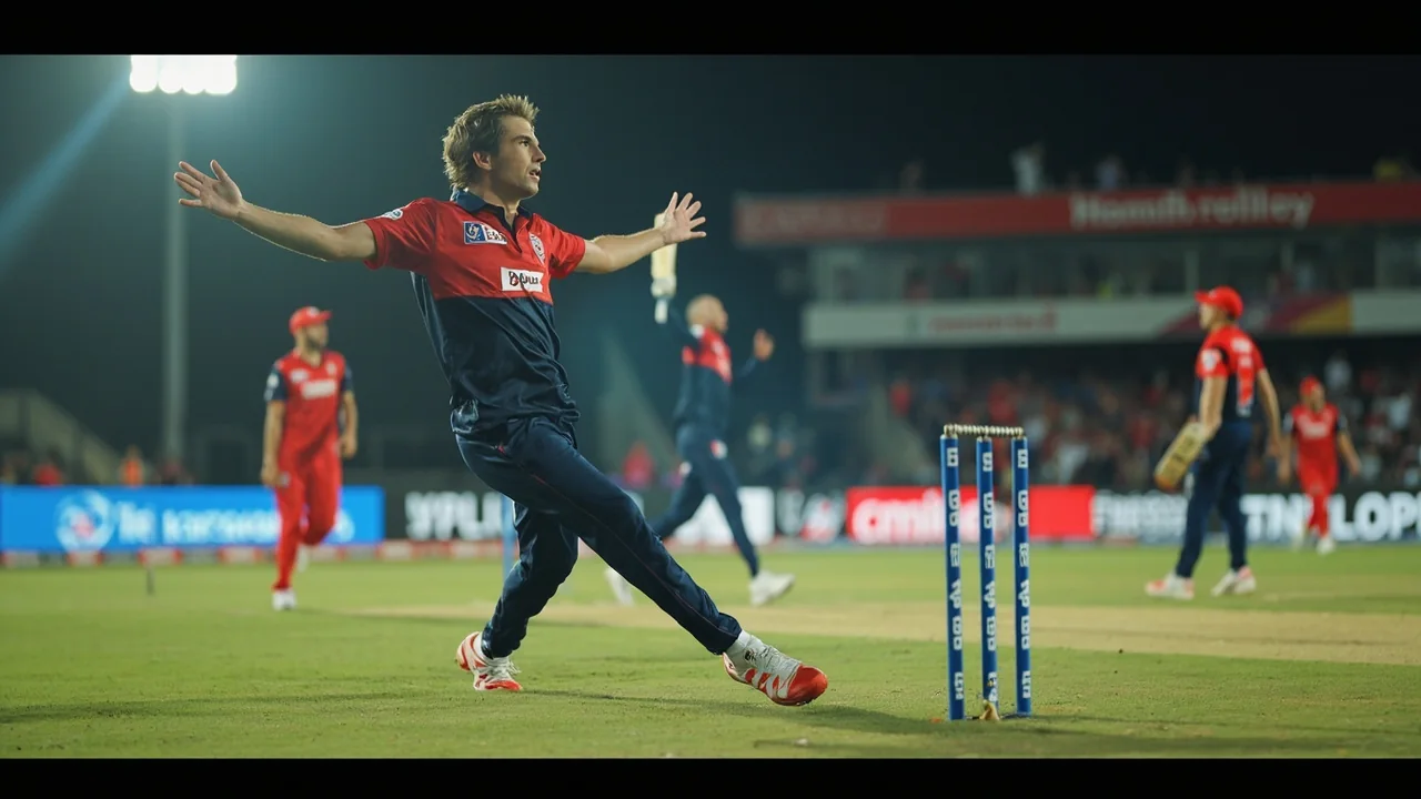 Tactical midfield view of captain and bowler conferring mid-over during an IPL game with fielders repositioning in the background